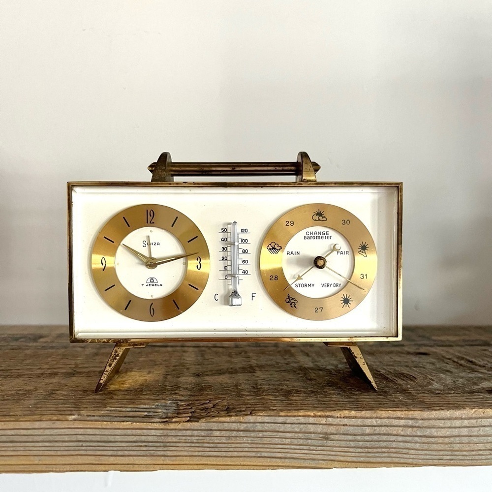 VTG Swiza brass alarm clock and barometer